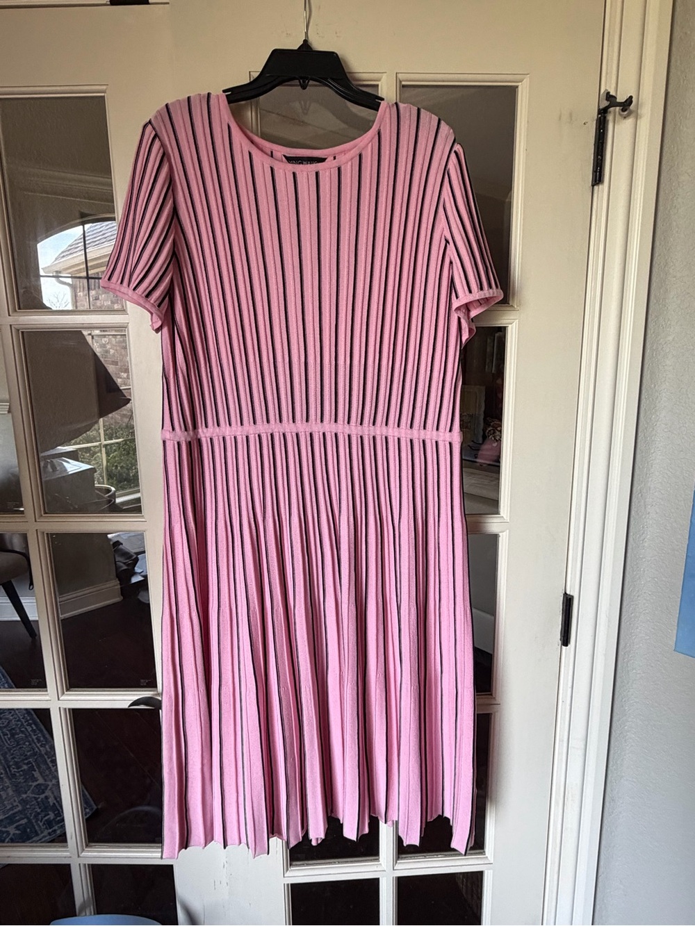 Ming Wang Pink Black Striped Rib Knit Fit & Flare Dress XL Like New!